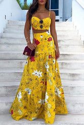 Elegante vestido de dos piezas sin mangas con estampado verde